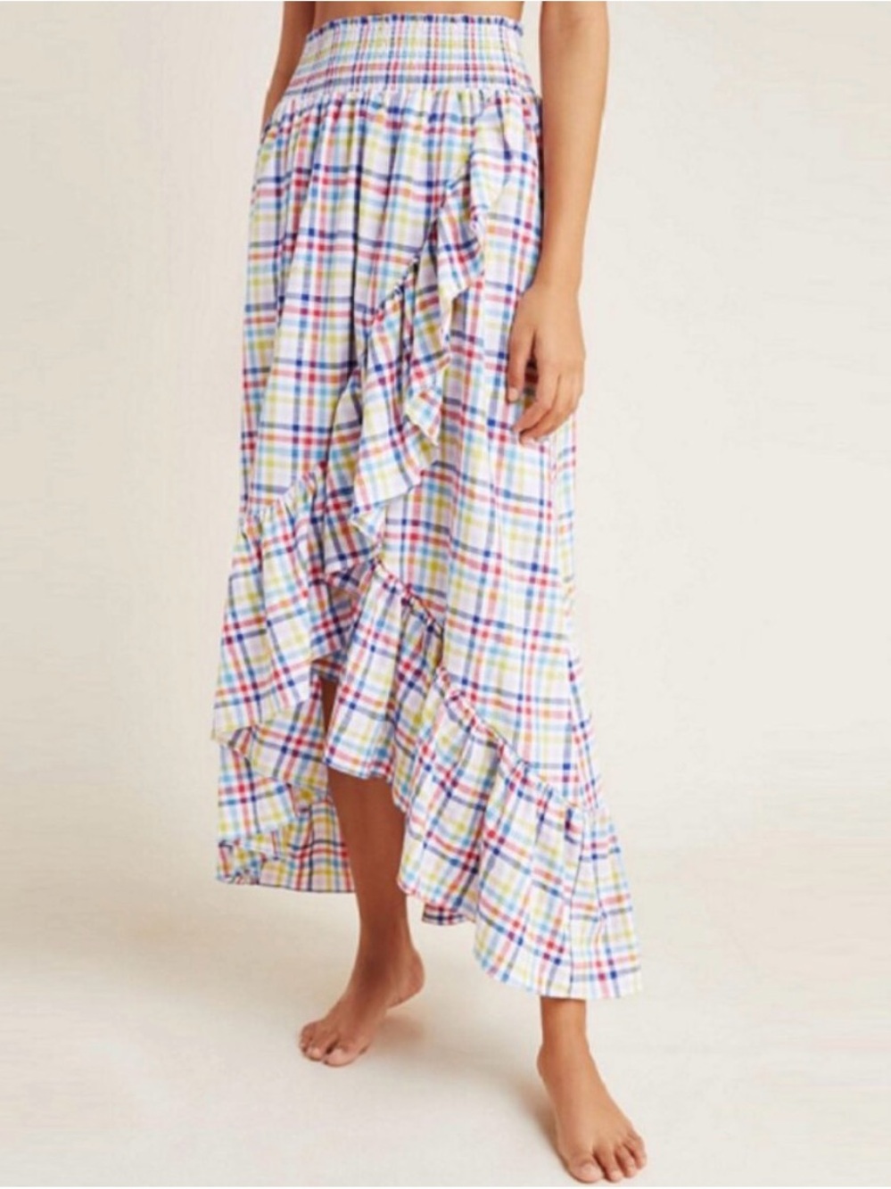 Anthropologie White Plaid High-Low Ruffle Skirt